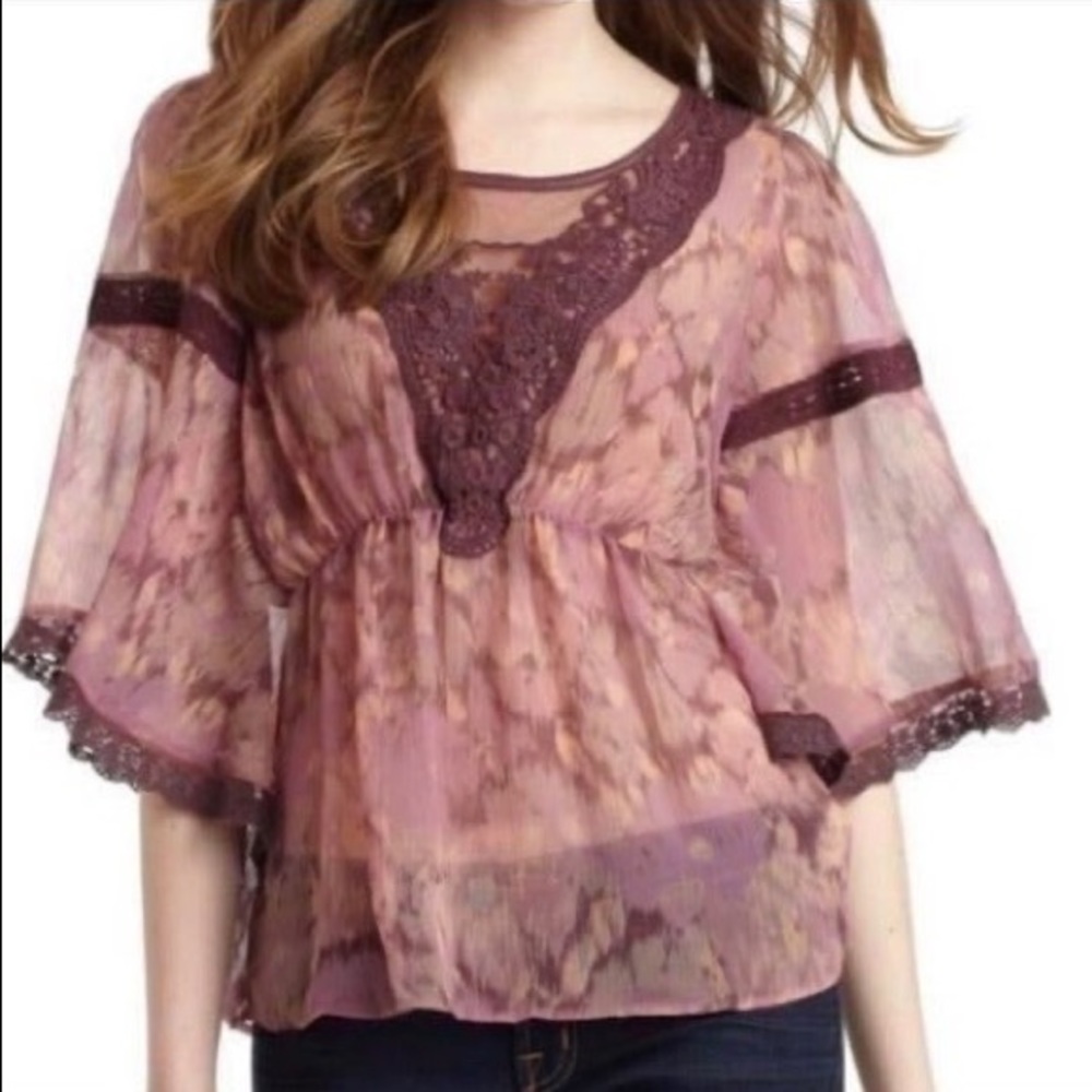 FREE PEOPLE FP Amethyst Print Lace Chiffon Peasant Blouse Shirt Top Size M